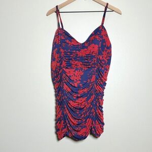 Lands End Floral Ruched Tankini Top 18 Blue Red Tropical Swim Beach Vacation